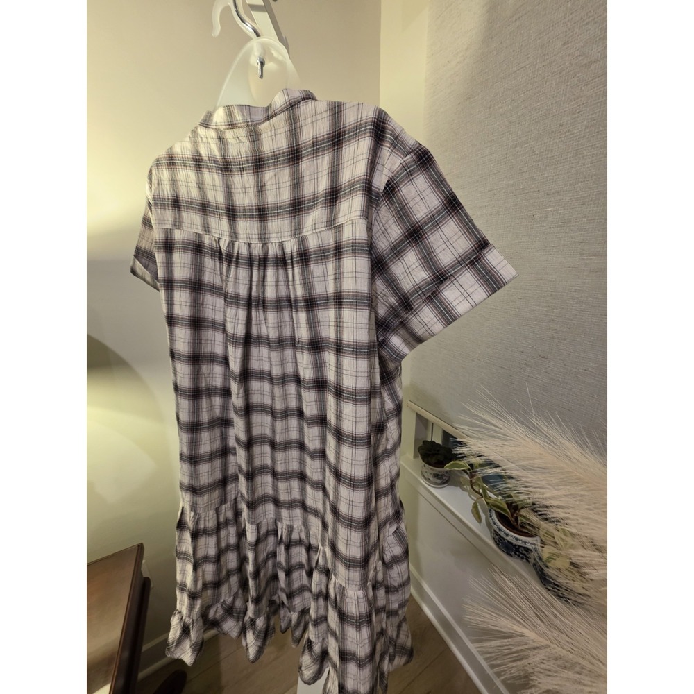 Crinkle Cotton Plaid Babydoll Midi Dress S Brown/White Boho Beachy NWOT - Picture 9 of 16
